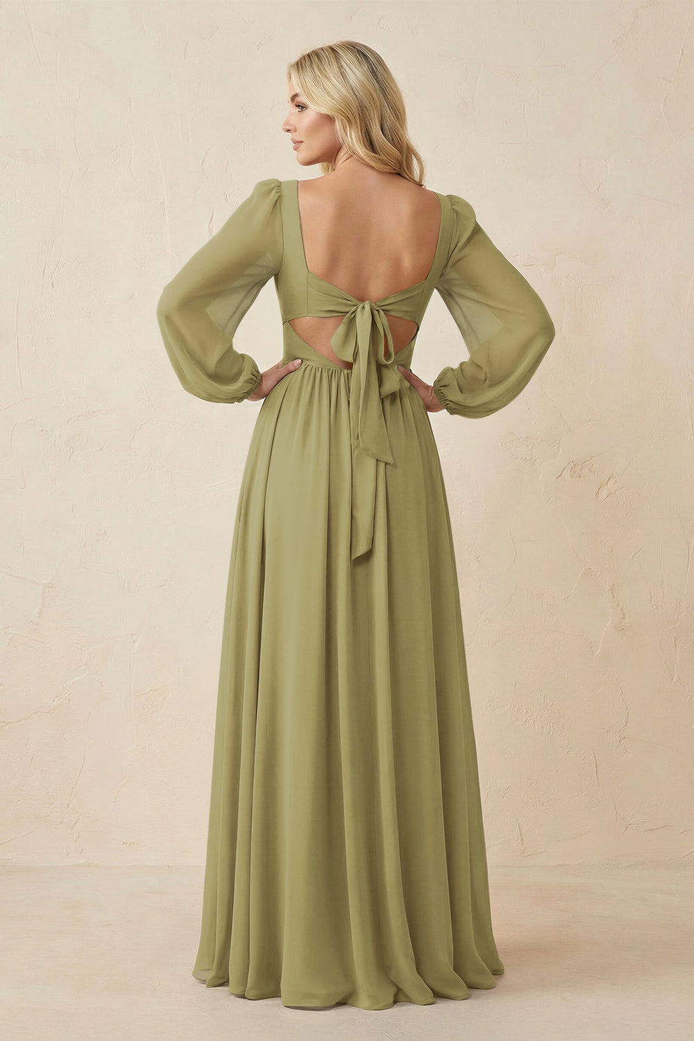 Long Sleeve V-Neck A-Line Chiffon Bridesmaid Dress in Moss Green