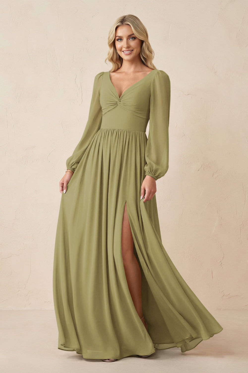 Long Sleeve V-Neck A-Line Chiffon Bridesmaid Dress in Moss Green