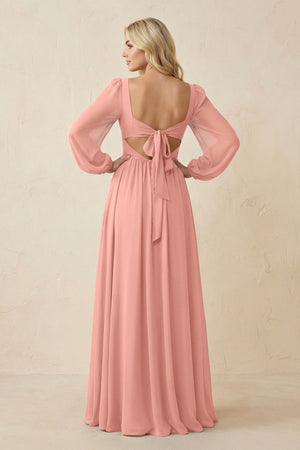 Long Sleeve V-Neck A-Line Chiffon Bridesmaid Dress in Rosette (2) | KISSBRIDAL