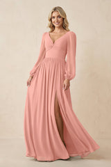 Long Sleeve V-Neck A-Line Chiffon Bridesmaid Dress in Rosette | KISSBRIDAL