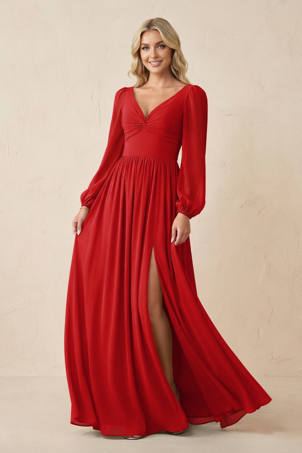 Long Sleeve V-Neck A-Line Chiffon Bridesmaid Dress in Ruby Red