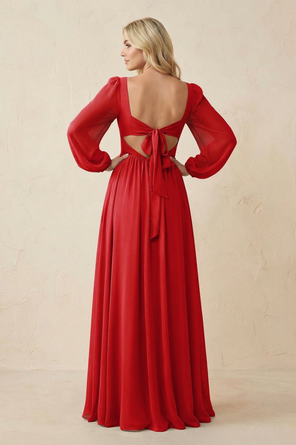 Long Sleeve V-Neck A-Line Chiffon Bridesmaid Dress in Ruby Red