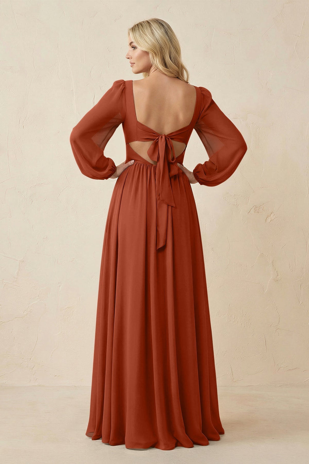 Long Sleeve V-Neck A-Line Chiffon Bridesmaid Dress in Spice