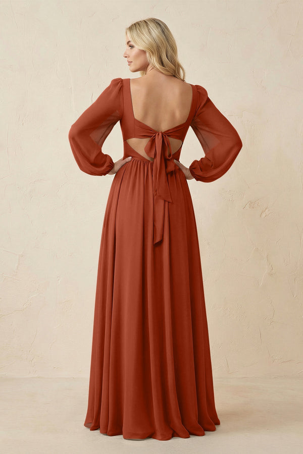 Long Sleeve V - Neck A - Line Chiffon Bridesmaid Dress in Spice - KISS BRIDAL Bridesmaid Dresses