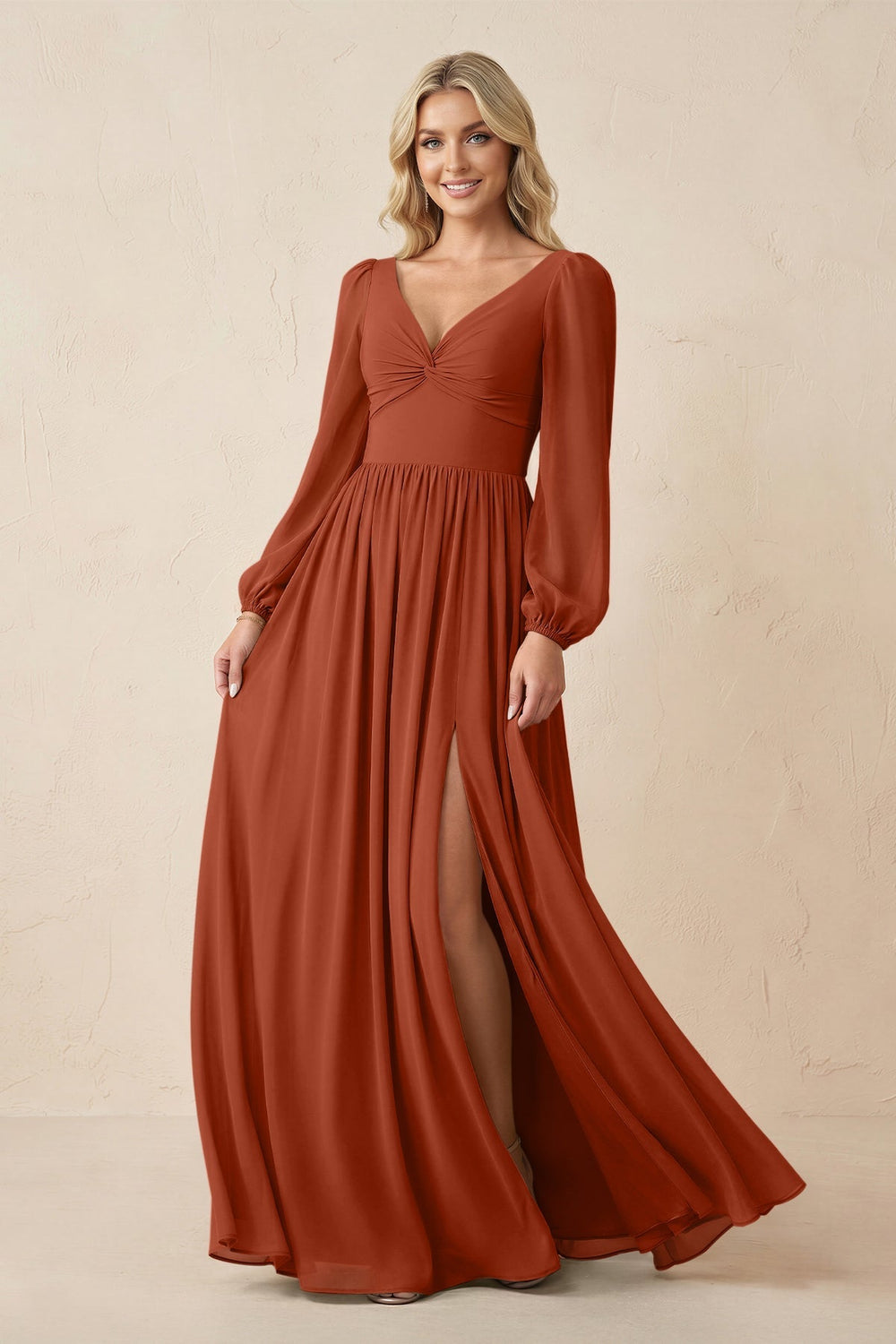 Long Sleeve V-Neck A-Line Chiffon Bridesmaid Dress in Spice