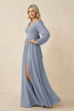Long Sleeve V - Neck A - Line Chiffon Bridesmaid Dress in Twilight - KISS BRIDAL Bridesmaid Dresses