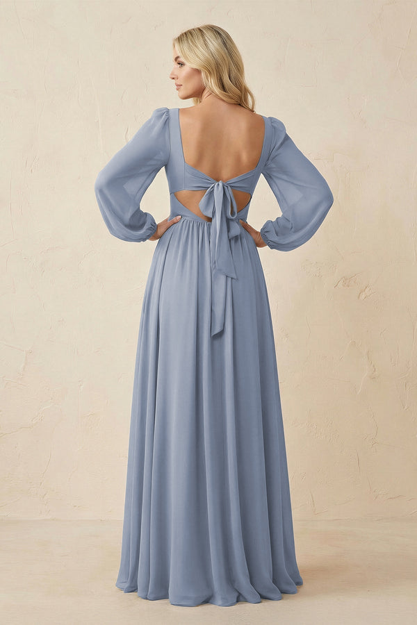 Long Sleeve V - Neck A - Line Chiffon Bridesmaid Dress in Twilight - KISS BRIDAL Bridesmaid Dresses