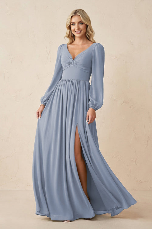 Long Sleeve V - Neck A - Line Chiffon Bridesmaid Dress in Twilight - KISS BRIDAL Bridesmaid Dresses