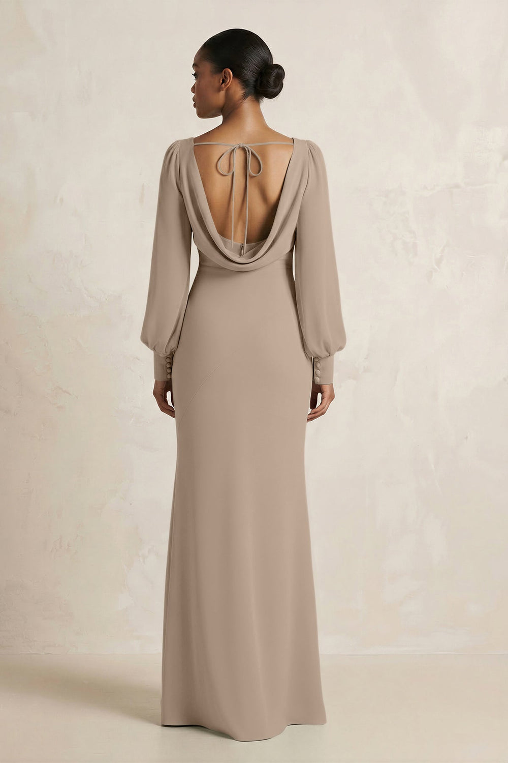 Long Sleeve V-Neck Sheath Chiffon Bridesmaid Dress in Almond