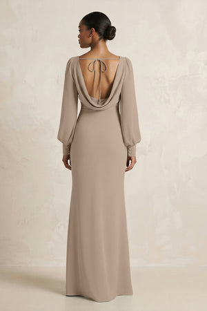 Long Sleeve V-Neck Sheath Chiffon Bridesmaid Dress in Almond (2) | KISSBRIDAL