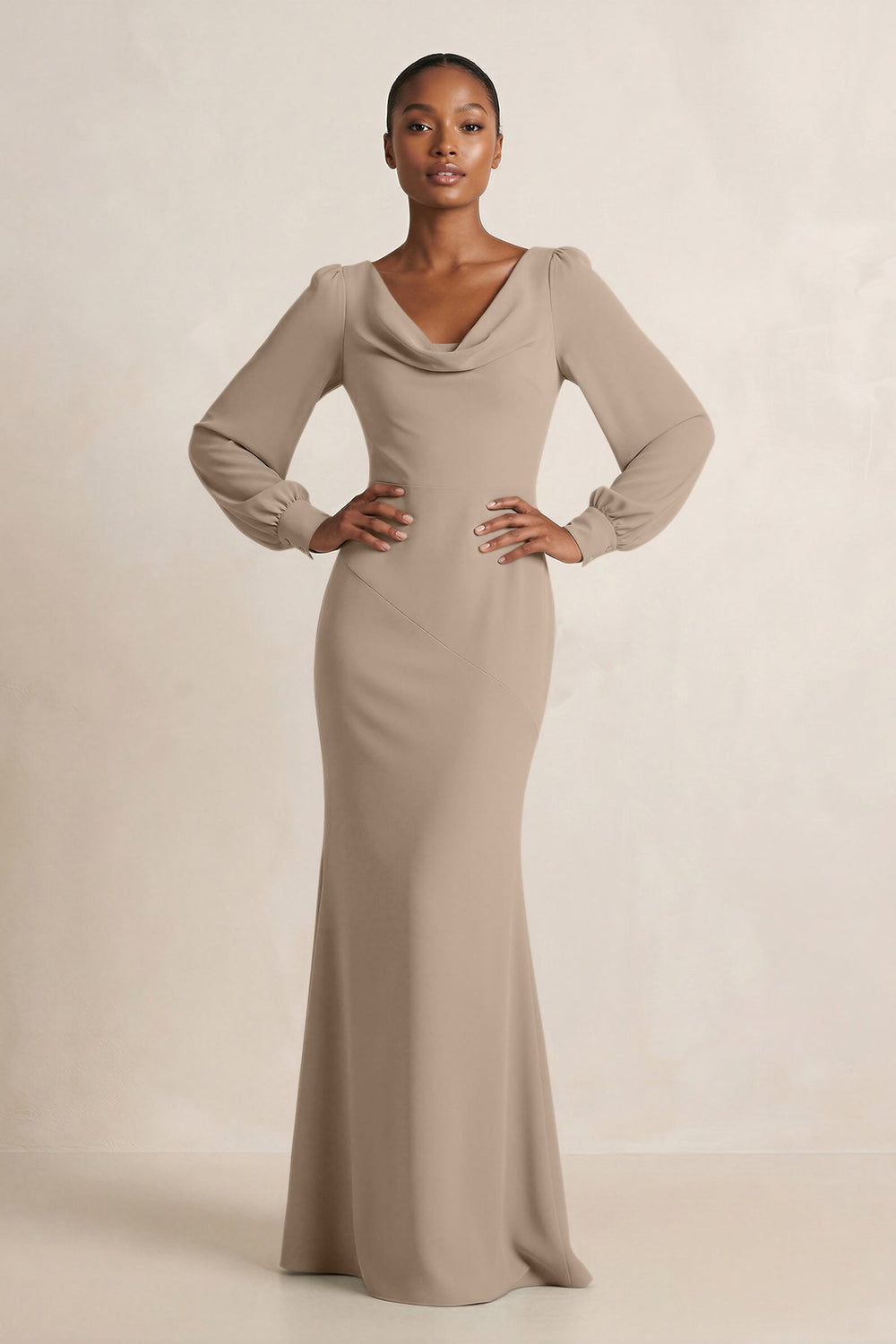 Long Sleeve V-Neck Sheath Chiffon Bridesmaid Dress in Almond