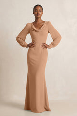 Long Sleeve V - Neck Sheath Chiffon Bridesmaid Dress in Bronzer - KISS BRIDAL Bridesmaid Dresses