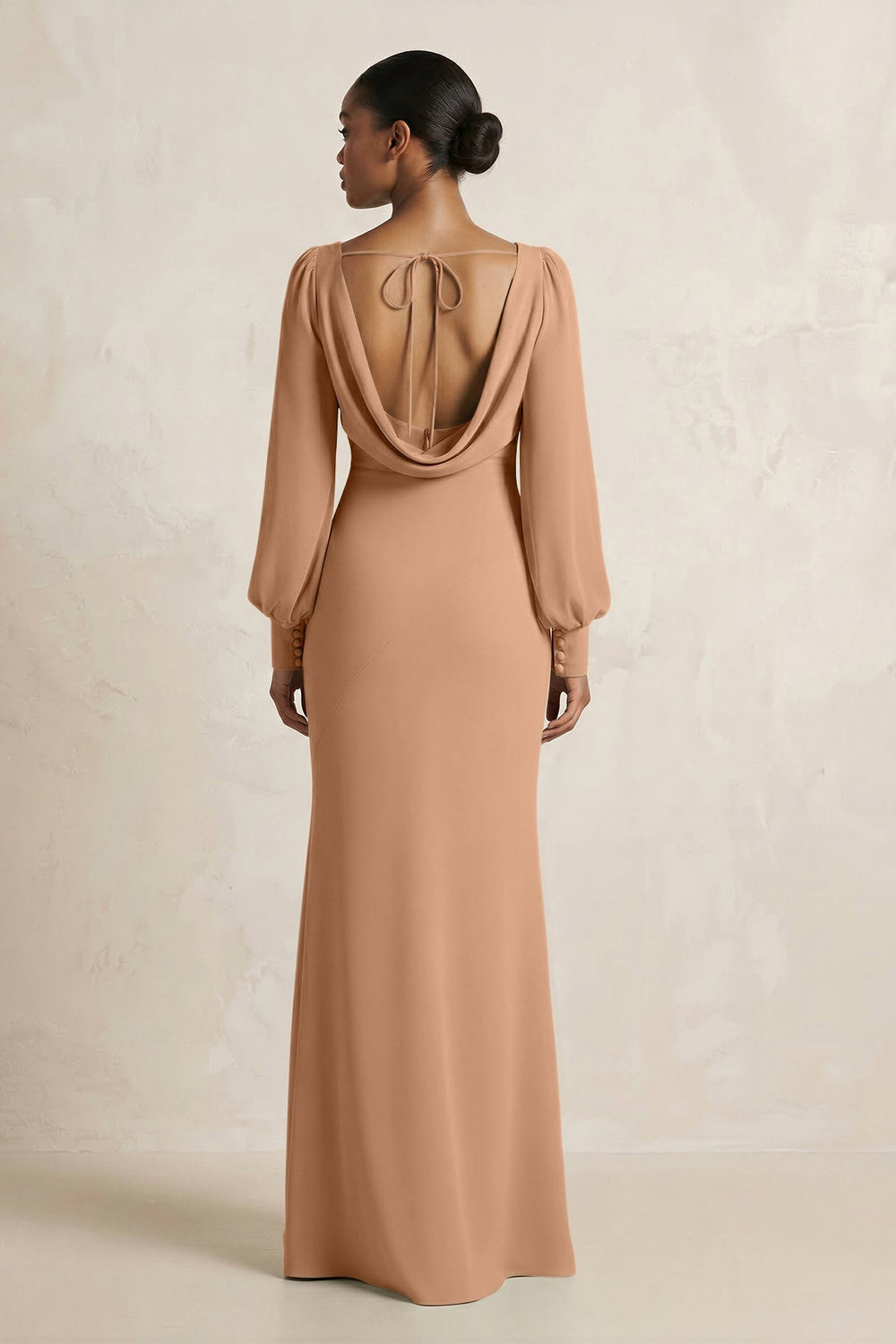 Long Sleeve V-Neck Sheath Chiffon Bridesmaid Dress in Bronzer
