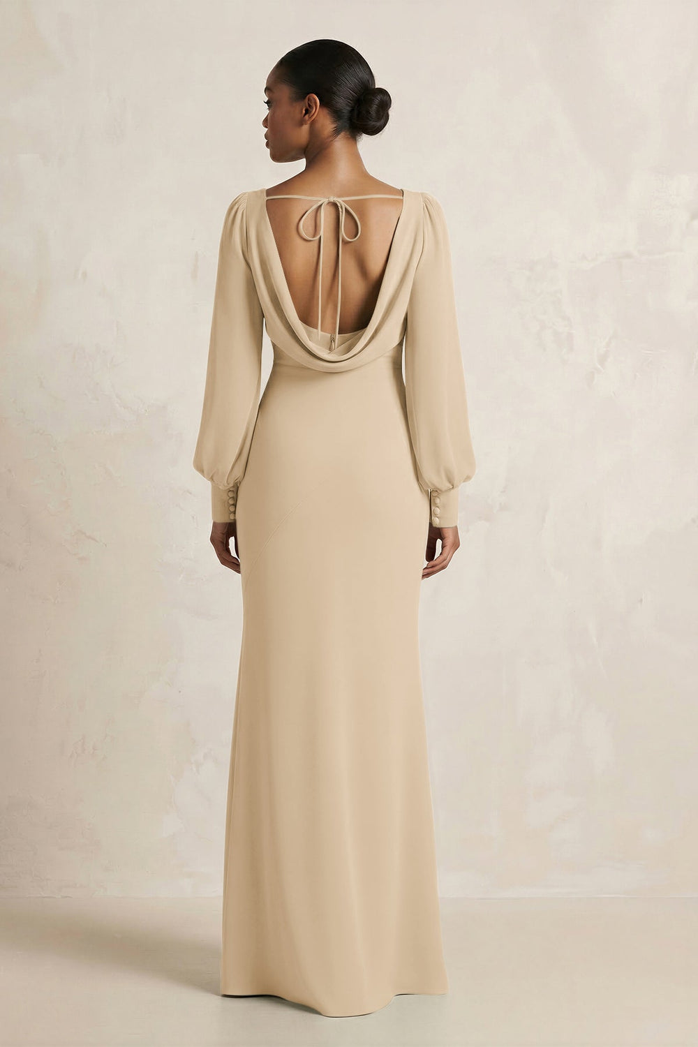 Long Sleeve V-Neck Sheath Chiffon Bridesmaid Dress in Champagne