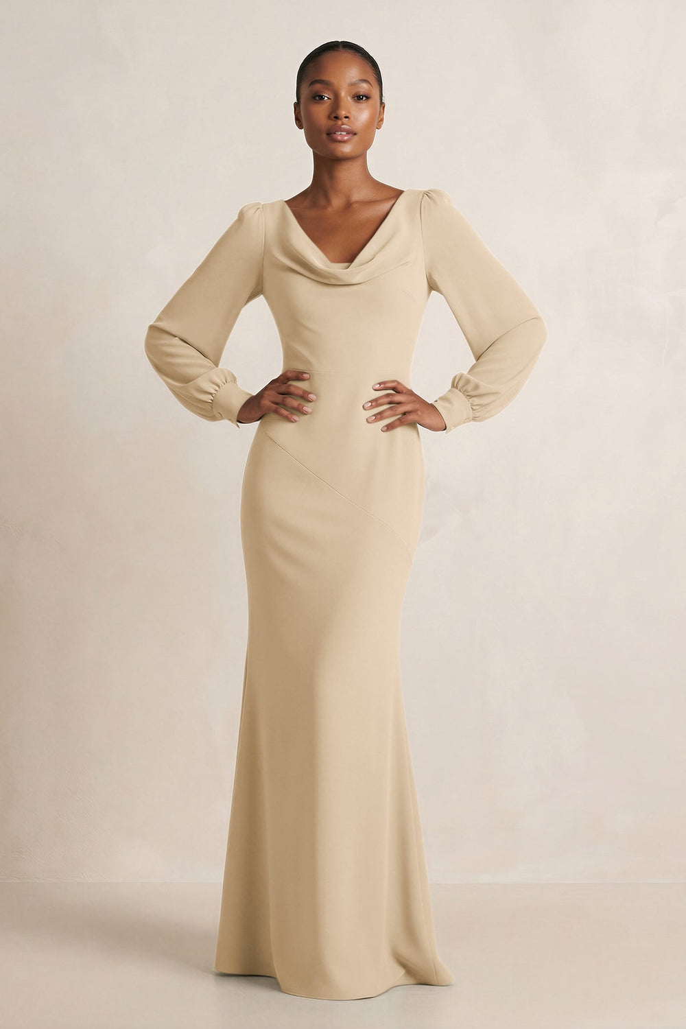 Long Sleeve V-Neck Sheath Chiffon Bridesmaid Dress in Champagne