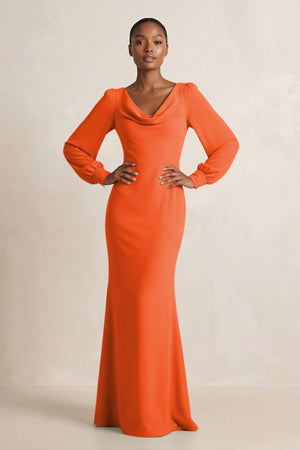 Long Sleeve V-Neck Sheath Chiffon Bridesmaid Dress in Cinnamon | KISSBRIDAL
