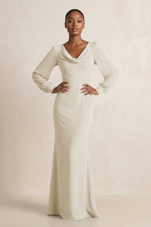 Long Sleeve V - Neck Sheath Chiffon Bridesmaid Dress in Dove Gray - KISS BRIDAL Bridesmaid Dresses
