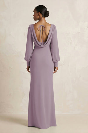 Long Sleeve V-Neck Sheath Chiffon Bridesmaid Dress in Dusk (2) | KISSBRIDAL