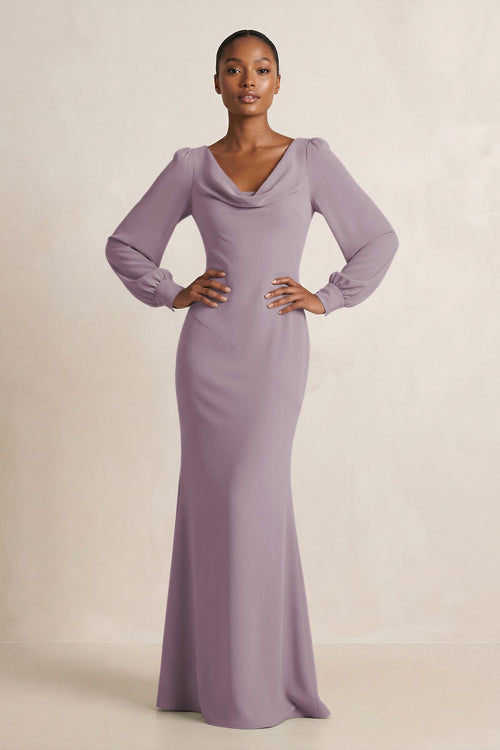 Long Sleeve V-Neck Sheath Chiffon Bridesmaid Dress in Dusk | KISSBRIDAL