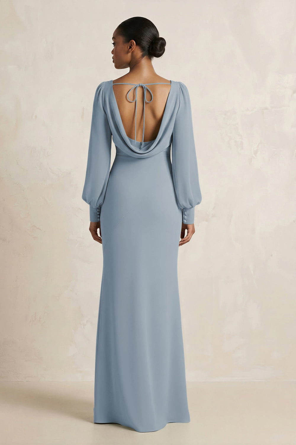 Long Sleeve V-Neck Sheath Chiffon Bridesmaid Dress in Dusty Blue