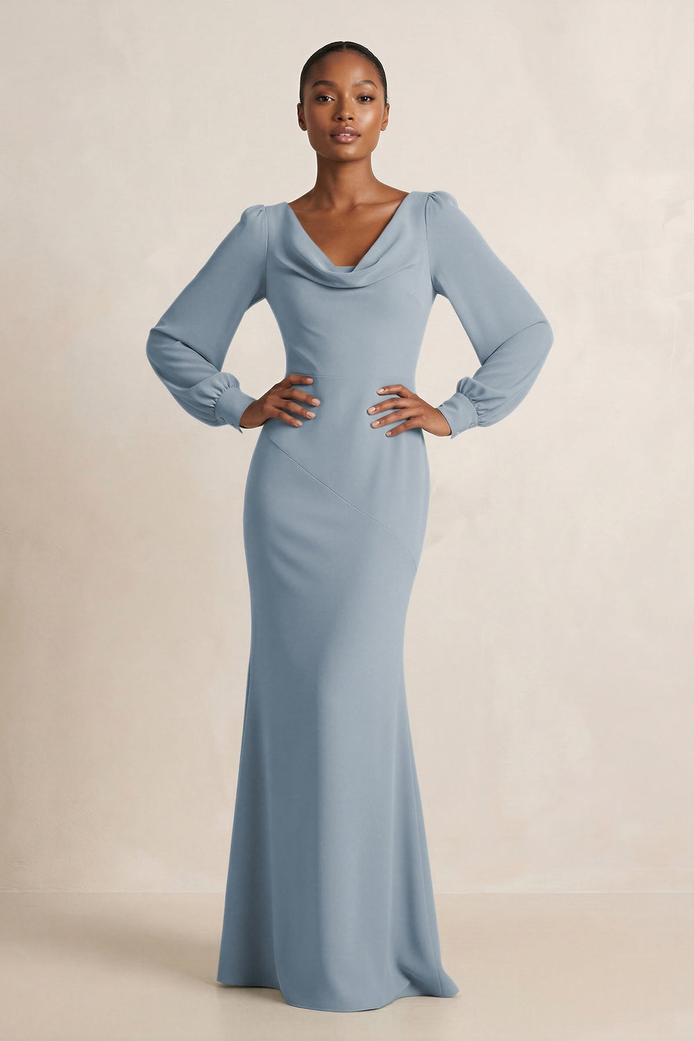 Long Sleeve V-Neck Sheath Chiffon Bridesmaid Dress in Dusty Blue