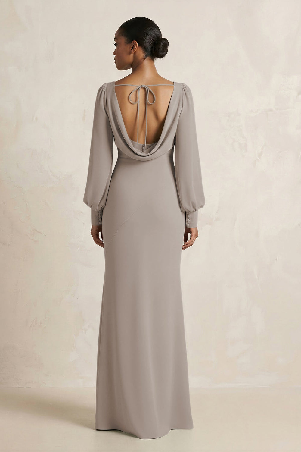Long Sleeve V-Neck Sheath Chiffon Bridesmaid Dress in Frost