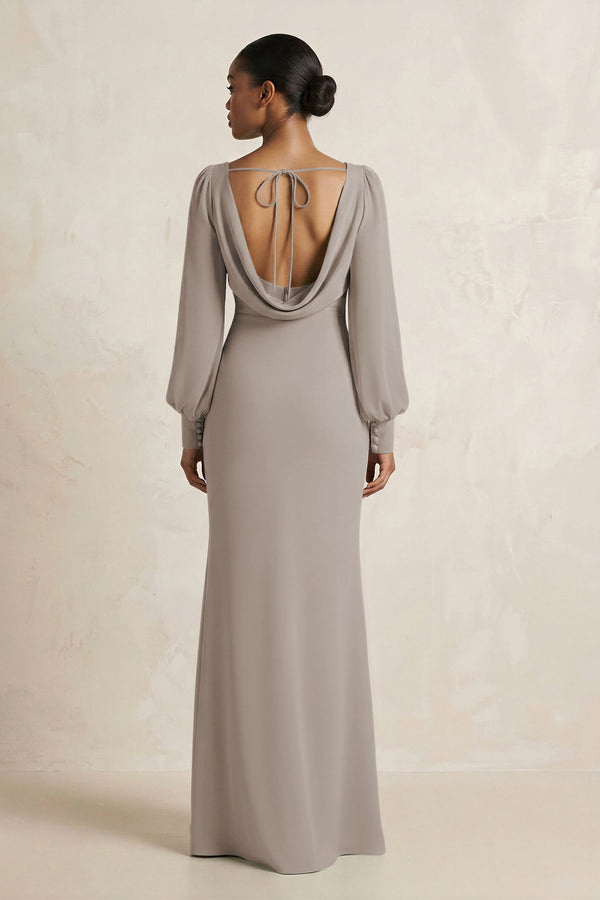 Long Sleeve V-Neck Sheath Chiffon Bridesmaid Dress in Frost (2) | KISSBRIDAL