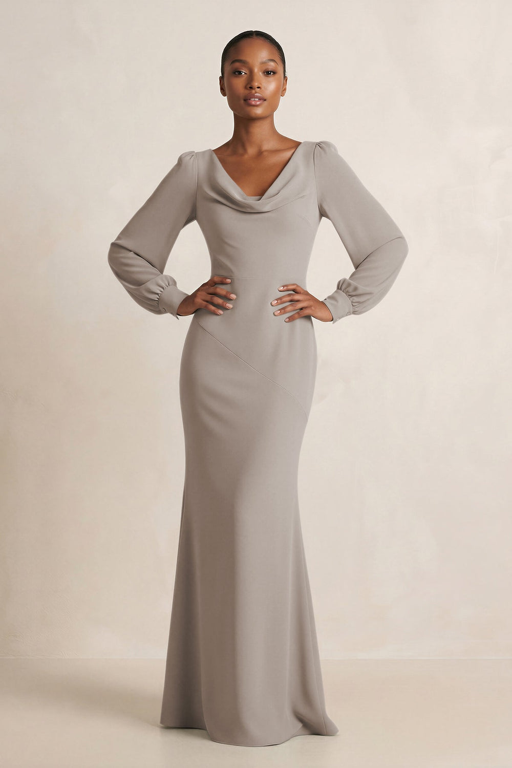 Long Sleeve V-Neck Sheath Chiffon Bridesmaid Dress in Frost