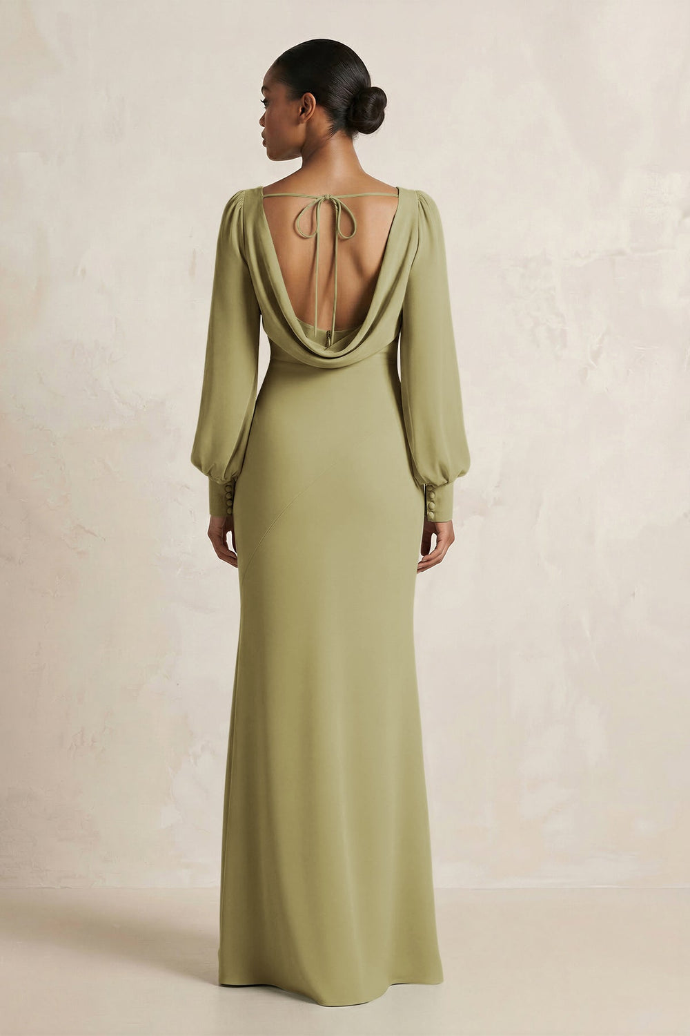 Long Sleeve V-Neck Sheath Chiffon Bridesmaid Dress in Moss Green