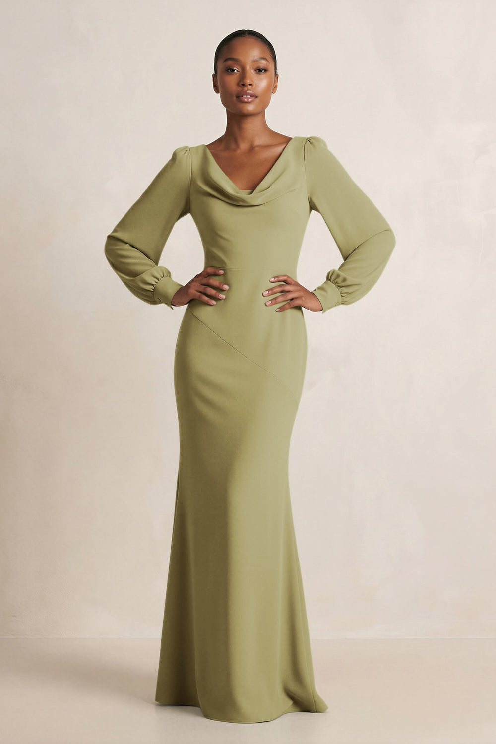 Long Sleeve V-Neck Sheath Chiffon Bridesmaid Dress in Moss Green