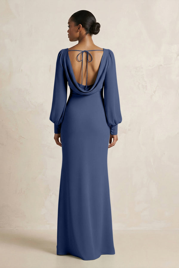Long Sleeve V - Neck Sheath Chiffon Bridesmaid Dress in Navy - KISS BRIDAL Bridesmaid Dresses