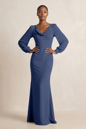 Long Sleeve V - Neck Sheath Chiffon Bridesmaid Dress in Navy - KISS BRIDAL Bridesmaid Dresses