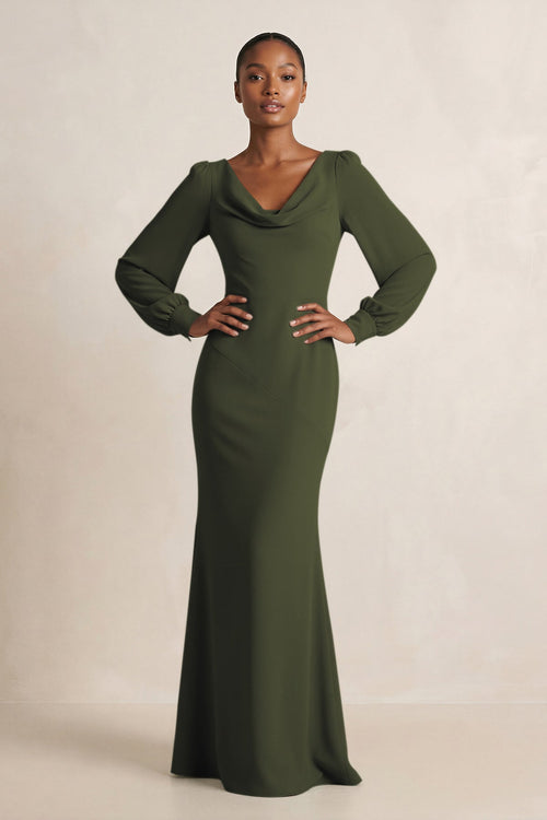 Long Sleeve V-Neck Sheath Chiffon Bridesmaid Dress in Olive | KISSBRIDAL