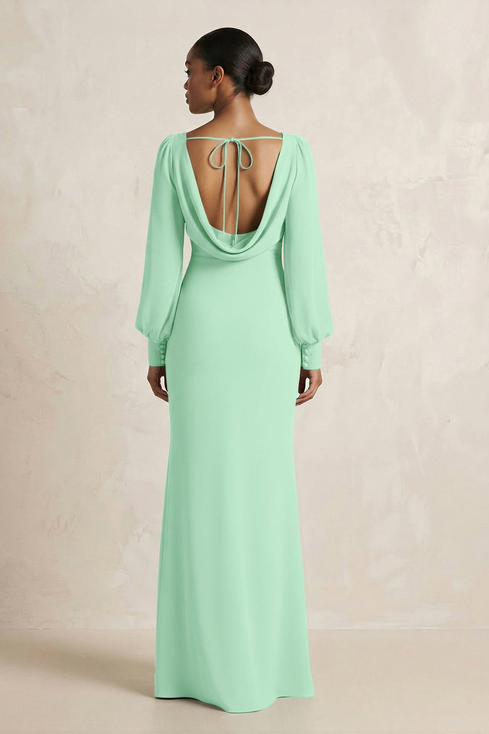 Long Sleeve V-Neck Sheath Chiffon Bridesmaid Dress in Pale Pistachio