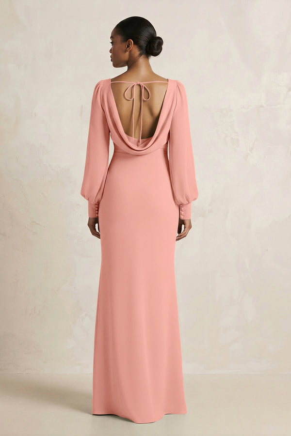 Long Sleeve V-Neck Sheath Chiffon Bridesmaid Dress in Rosette (2) | KISSBRIDAL