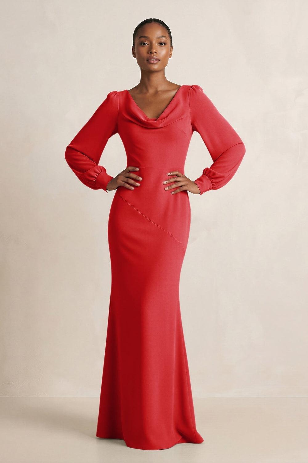 Long Sleeve V-Neck Sheath Chiffon Bridesmaid Dress in Ruby Red