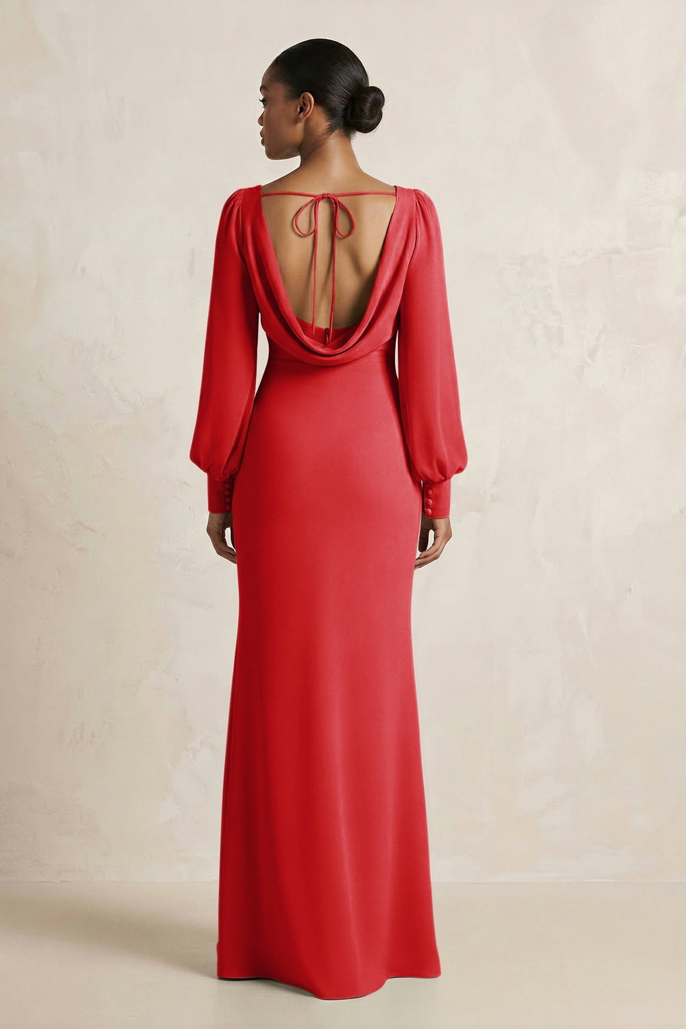 Long Sleeve V-Neck Sheath Chiffon Bridesmaid Dress in Ruby Red