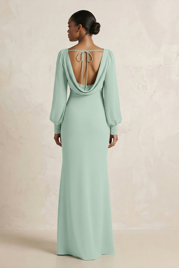 Long Sleeve V-Neck Sheath Chiffon Bridesmaid Dress in Sage (2) | KISSBRIDAL
