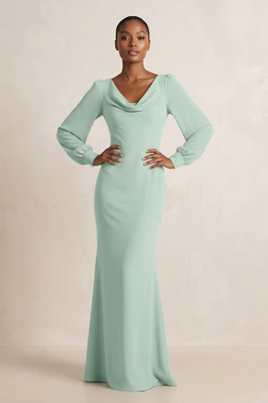 Long Sleeve V-Neck Sheath Chiffon Bridesmaid Dress in Sage | KISSBRIDAL