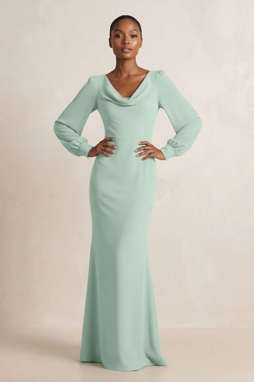 Long Sleeve V-Neck Sheath Chiffon Bridesmaid Dress in Sage | KISSBRIDAL
