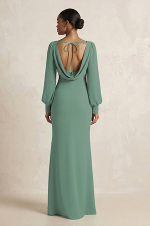 Long Sleeve V-Neck Sheath Chiffon Bridesmaid Dress in Sea Glass (2) | KISSBRIDAL