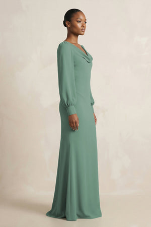 Long Sleeve V-Neck Sheath Chiffon Bridesmaid Dress in Sea Glass (3) | KISSBRIDAL