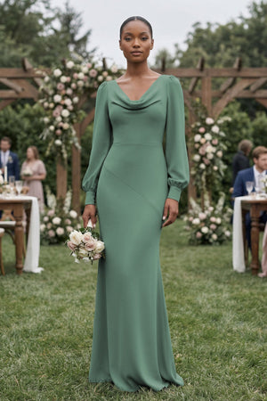 Long Sleeve V-Neck Sheath Chiffon Bridesmaid Dress in Sea Glass (4) | KISSBRIDAL