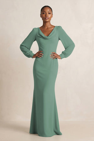 Long Sleeve V-Neck Sheath Chiffon Bridesmaid Dress in Sea Glass | KISSBRIDAL