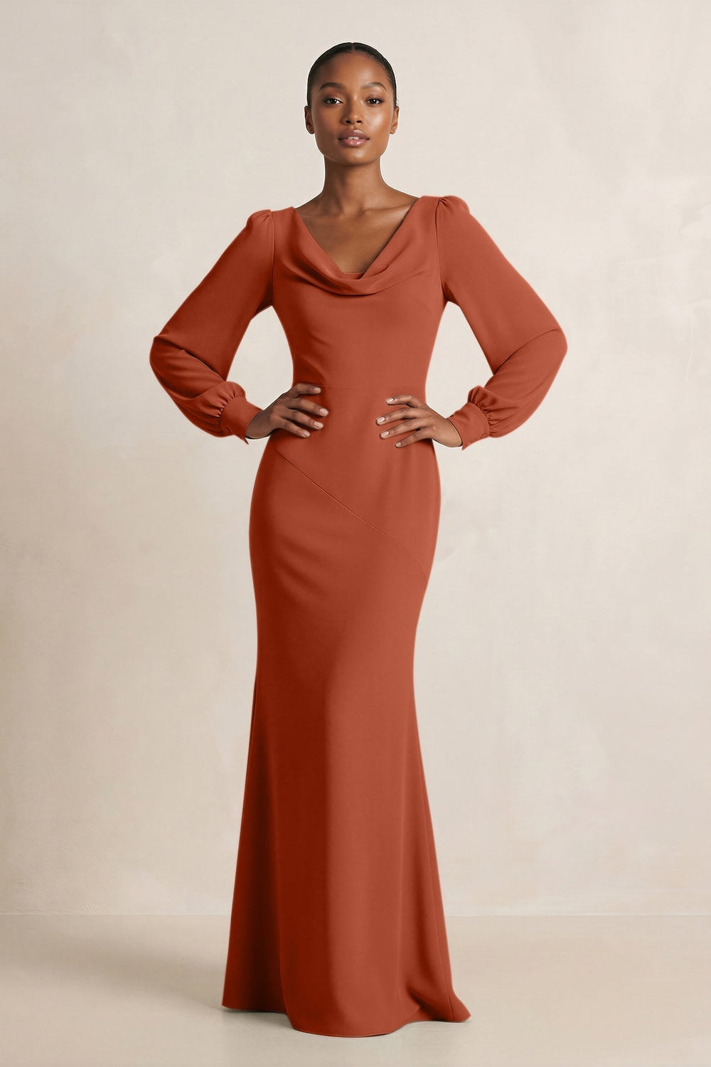 Long Sleeve V-Neck Sheath Chiffon Bridesmaid Dress in Spice