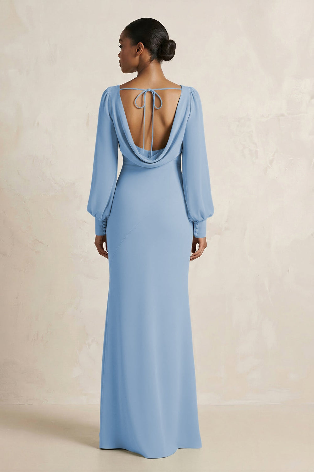 Long Sleeve V-Neck Sheath Chiffon Bridesmaid Dress in Steel Blue