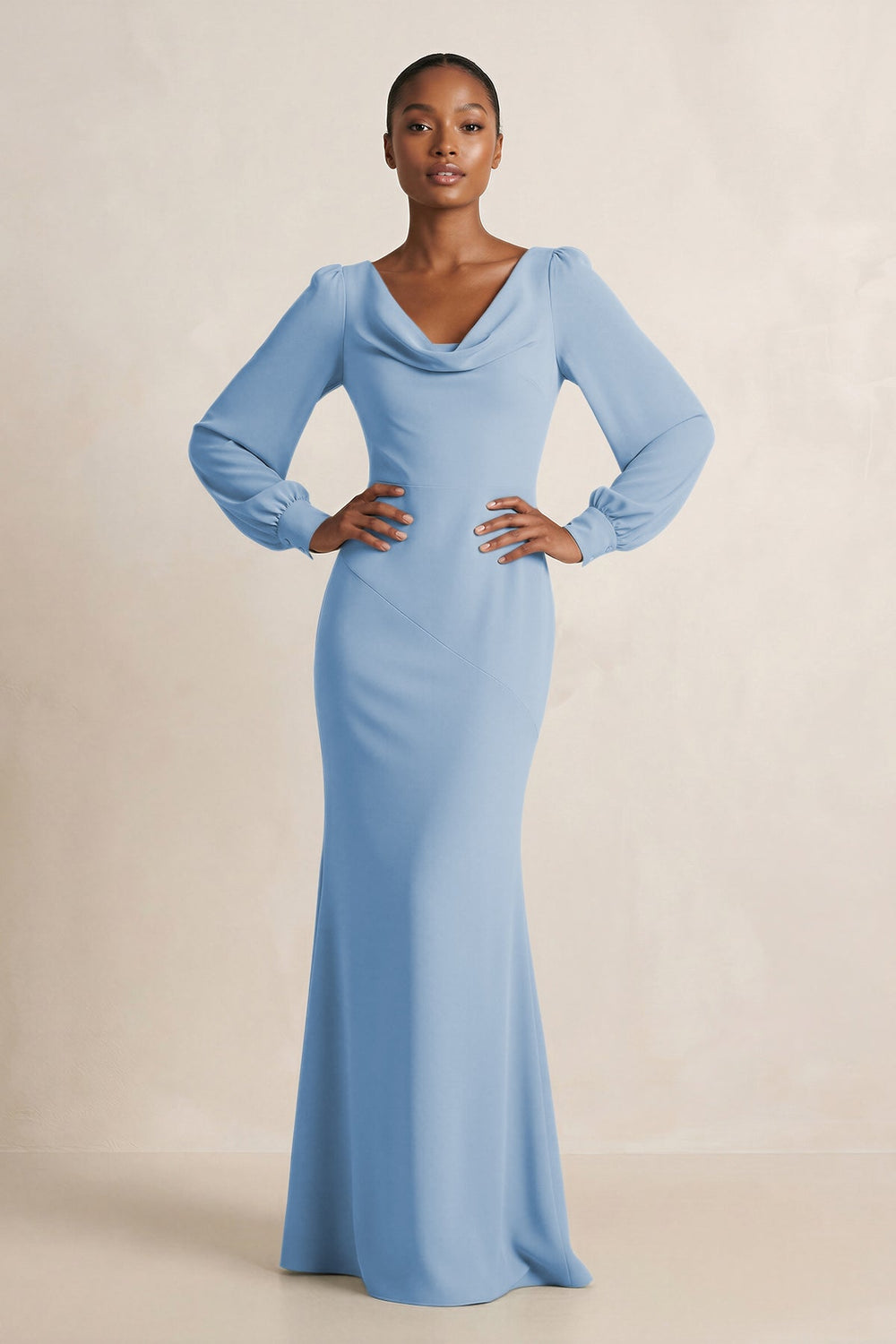 Long Sleeve V-Neck Sheath Chiffon Bridesmaid Dress in Steel Blue