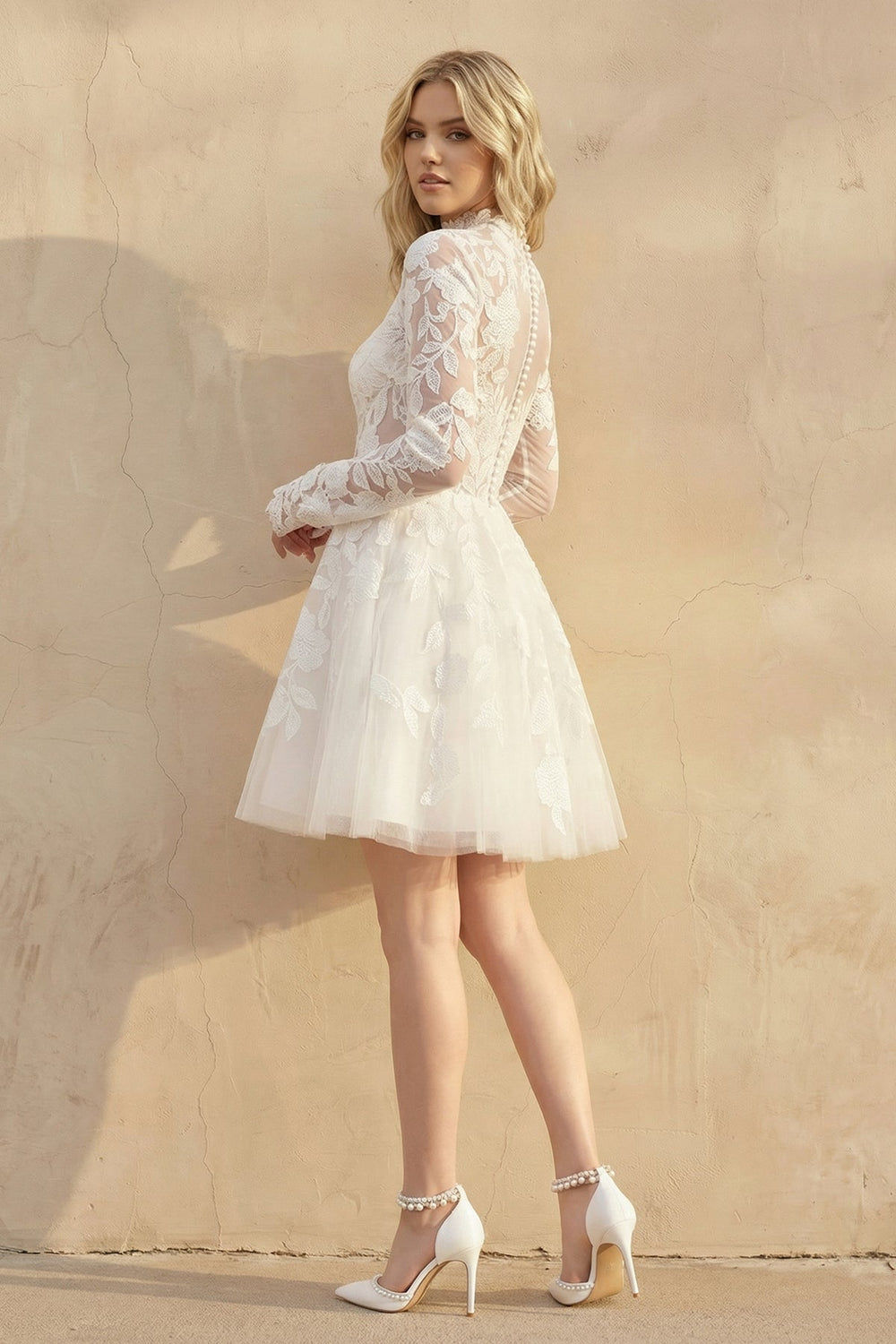 Long Sleeves A Line Lace Wedding Dress in Ivory