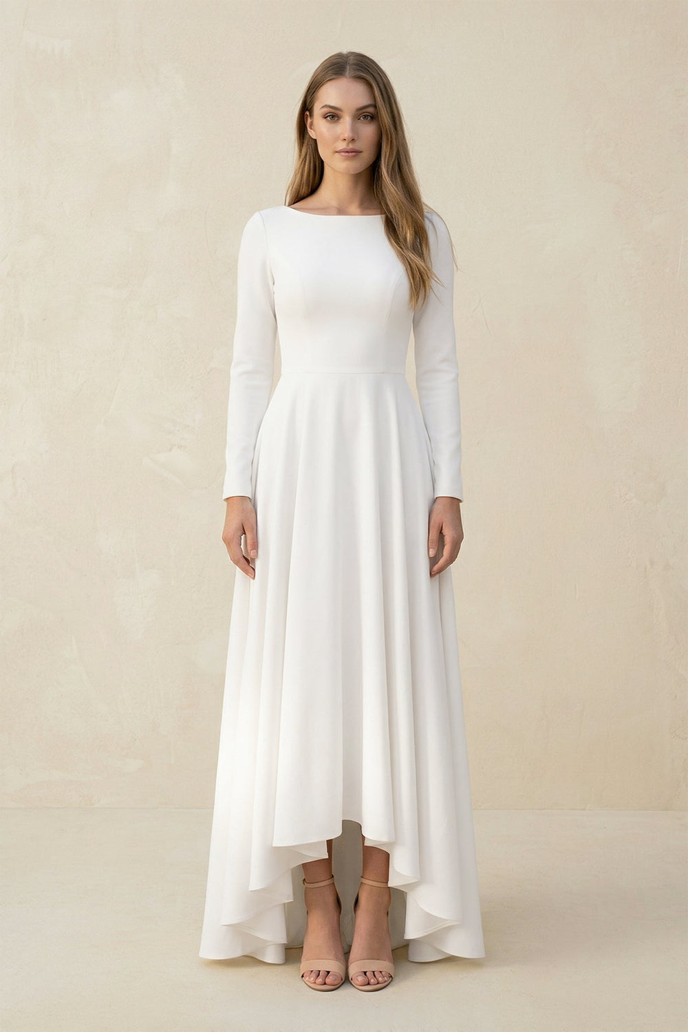 Long Sleeves A Line Satin High-Low Wedding Dress in White