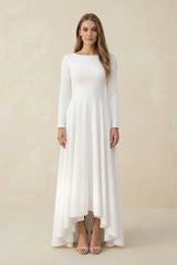 Long Sleeves A Line Satin High Low Wedding Dress in White - KISS BRIDAL Wedding Dresses